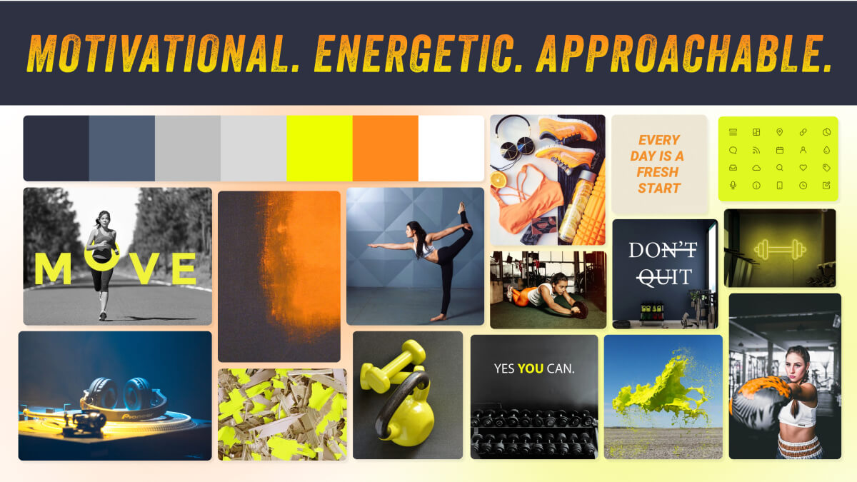 Flame moodboard, with 3 descriptive words reading: motivational, energetic, and approachable. Emphasizing orange and yellow as bright, primary accent colors with dark blues/navies and grays as secondary colors