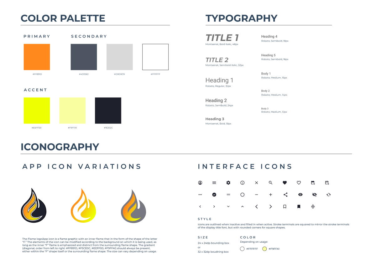 Preview of style guide, showing color palette, typography, and iconography