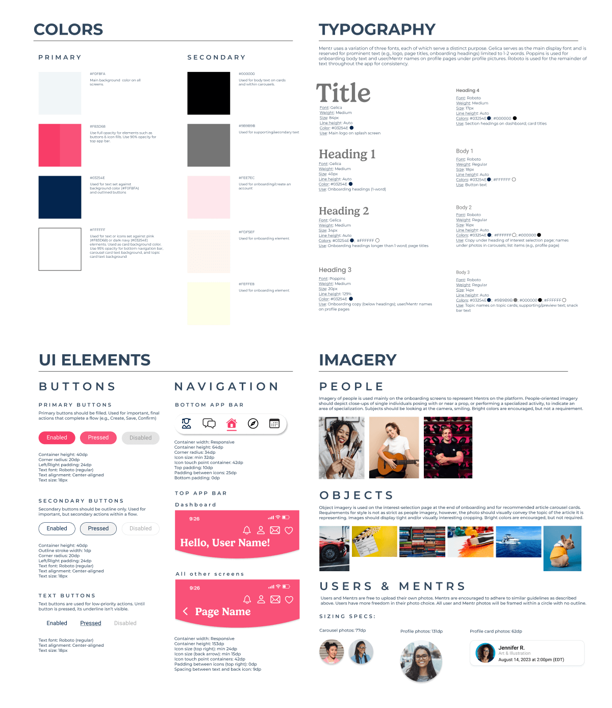 Sample of Mentr's design language system showing the color palette, typography, UI elements, and imagery.